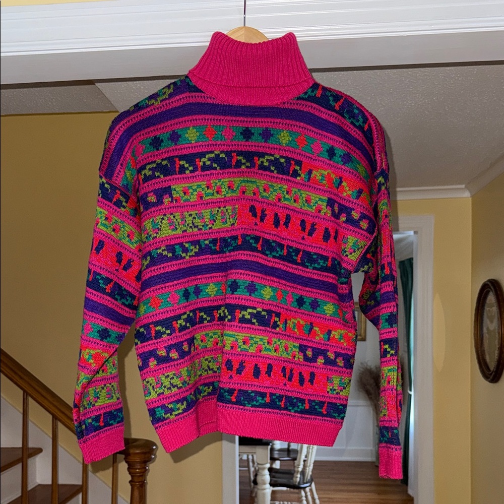 Michelle Stuart Hot Pink Multicolor Cowl Neck Sweater
